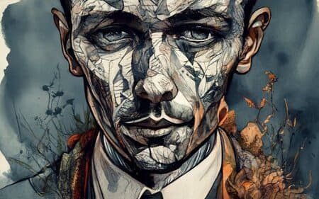 Ilustração de cara de um homem com olhar profundo, bigode, camisa branca, gravata preta e blazer caramelo. Homem tem cara de trapaceiro ou trickster. A foto ilustra o artigo "Arquétipo do Trapaceiro ou Trickster: Saiba tudo sobre essa personalidade" escrito pelo psicanalista Homero Mônaco para o site Online psicanalista.