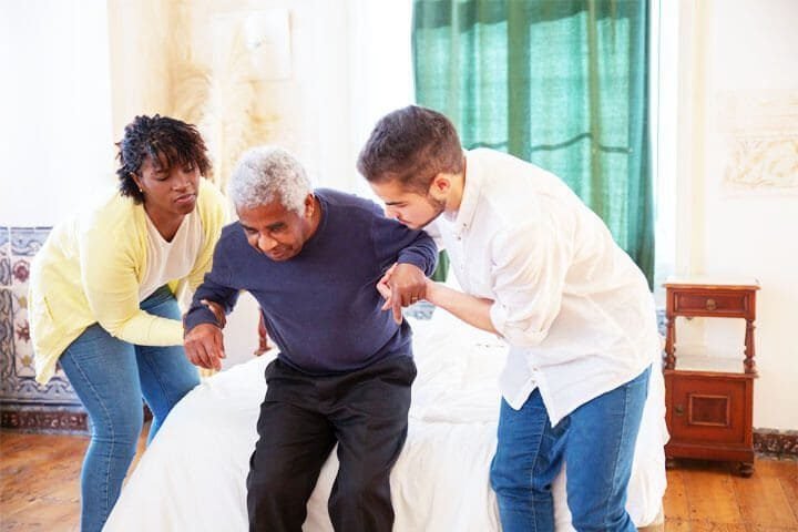 Foto de um jovem e uma mulher segurando nos braços de um idoso, ajudando-o a sentar em uma poltrona. A foto ilustra o artigo 7 Dicas Psicanalíticas para Apoiar os seus Entes Queridos com Doenças Mentais escrito no blog do psicanalista Homero Mônaco para ao site Online Psicanalista.