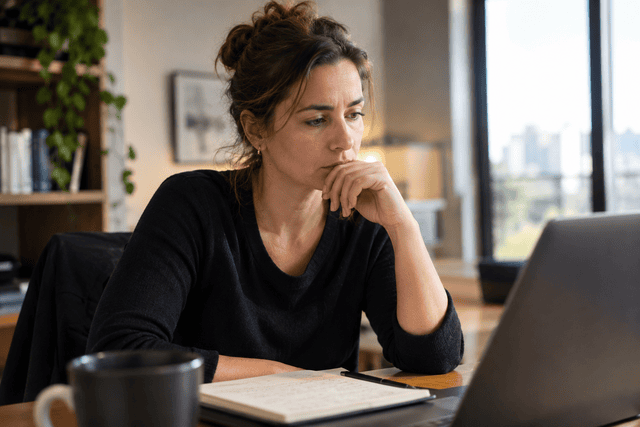 Mulher de cerca de 40 anos sentada à mesa diante de um notebook, com a mão próxima à boca e o olhar pensativo, em um ambiente doméstico iluminado por luz natural. A expressão sugere inquietação emocional e reflexão interior. Imagem utilizada para ilustrar o artigo “Revelando 10 Maneiras Surpreendentes de Lidar com a Turbulência Interna” escrito por Homero Mônaco Psicanalista especializado em neurociências e comportamento.