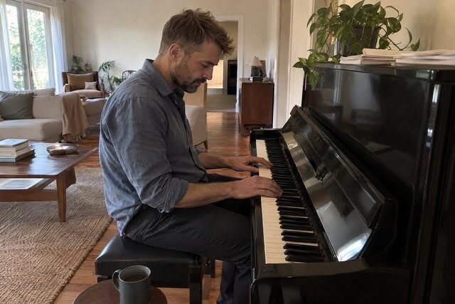 Homem sentado diante de um piano preto, com os dedos pousados sobre as teclas sem tocá-las, olhando para o instrumento em silêncio. Partituras sem notas legíveis estão próximas. A expressão concentrada e a pausa antes de tocar sugerem atenção às próprias sensações e reflexão sobre a experiência emocional. Imagem utilizada para ilustrar o artigo “10 Benefícios da Terapia para a Expansão da sua Consciência Emocional” escrito por Homero Mônaco Psicanalista especializado em neurociências e comportamento.