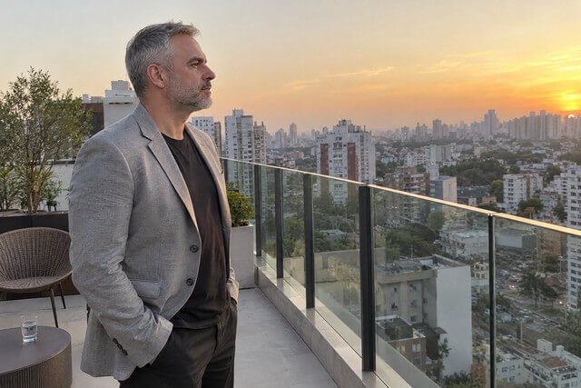 Homem de cerca de 40 anos em pé no terraço de um prédio ao entardecer, com as mãos nos bolsos e o olhar voltado para a cidade. A postura firme, a roupa casual elegante e a luz dourada do horizonte compõem uma cena de contemplação e autonomia. A imagem sugere um momento de reflexão sobre escolhas pessoais e sobre a construção da própria trajetória. Imagem utilizada para ilustrar o artigo “10 Maneiras de Alcançar o Empoderamento Pessoal com a Psicanálise” escrito por Homero Mônaco Psicanalista especializado em neurociências e comportamento.