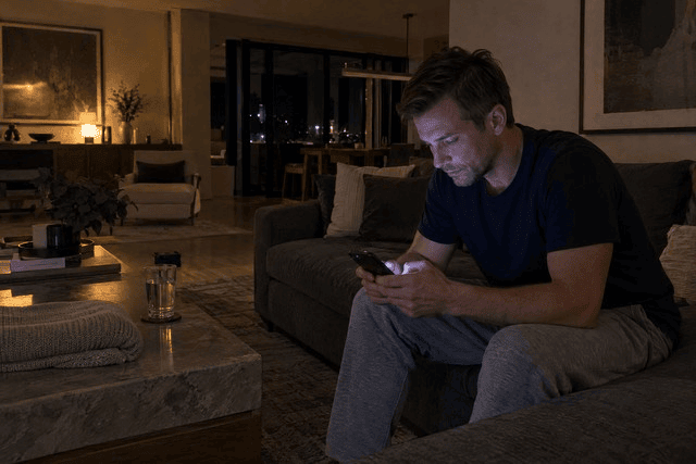 Homem de cerca de 40 anos sentado sozinho no sofá durante a madrugada, segurando o celular com o polegar parado sobre um contato na tela. Com o olhar fixo no aparelho e a expressão tensa, parece hesitar antes de repetir uma atitude familiar. A sala pouco iluminada e a postura contida sugerem um momento de reflexão sobre comportamentos repetitivos e relações difíceis. Imagem utilizada para ilustrar o artigo “5 Dicas Confiáveis para Reconhecer Padrões Destrutivos” escrito por Homero Mônaco Psicanalista especializado em neurociências e comportamento.