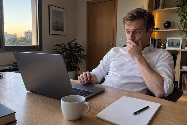 Homem sentado à mesa de trabalho em casa, afastando a mão do teclado do computador enquanto cobre parte da boca com a outra mão. Com o olhar voltado para a tela e a expressão de hesitação, parece interromper uma tarefa no momento em que precisa avançar. A cena sugere conflito interno, procrastinação e dificuldade de seguir adiante apesar das próprias intenções. Imagem utilizada para ilustrar o artigo “7 Maneiras como a terapia ajuda a superar hábitos autossabotadores” escrito por Homero Mônaco Psicanalista especializado em neurociências e comportamento.