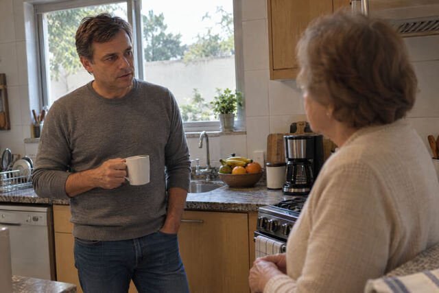 Homem conversa com a mãe na cozinha da casa dos pais e termina de expressar o que pensa, sem recuar diante da situação. A cena representa a tentativa de se posicionar de maneira diferente nas relações familiares, mesmo diante de pessoas que o conhecem desde a infância. Imagem utilizada para ilustrar o artigo “Diante de quem te viu crescer, mudar fica mais difícil, você já notou isso?” escrito por Homero Mônaco Psicanalista especializado em neurociências e comportamento.