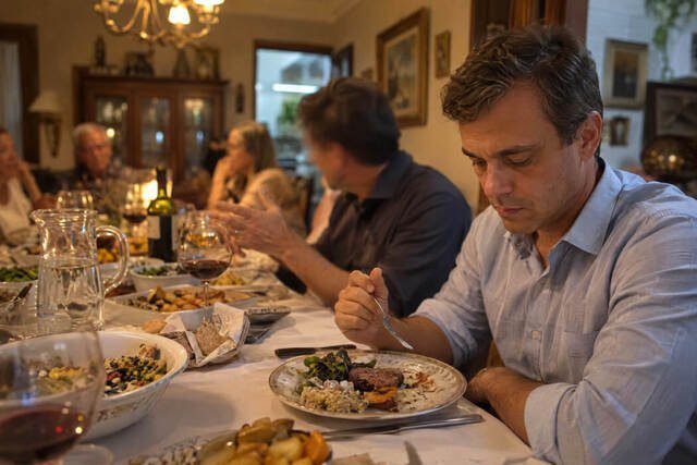 Homem em um jantar na casa dos pais é interrompido pelo irmão enquanto fala e acaba ficando em silêncio. A cena representa como antigas dinâmicas familiares podem reaparecer na vida adulta, fazendo alguém voltar a ocupar o papel que tinha na adolescência. Imagem utilizada para ilustrar o artigo “Diante de quem te viu crescer, mudar fica mais difícil, você já notou isso?” escrito por Homero Mônaco Psicanalista especializado em neurociências e comportamento.