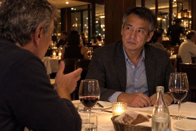 Pessoa responde que está tudo bem durante uma conversa, embora sua postura revele tensão e cansaço. A cena representa a distância entre o que alguém comunica aos outros e aquilo que o próprio corpo expressa. Imagem utilizada para ilustrar o artigo “Ficar parece mais seguro do que sair, mas o seu corpo discorda faz tempo?” escrito por Homero Mônaco Psicanalista especializado em neurociências e comportamento.