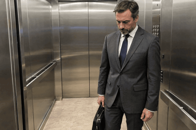 Homem sozinho dentro de um elevador, com os ombros tensos e o olhar baixo enquanto aguarda chegar ao andar desejado. O espaço fechado, a postura rígida e a expressão preocupada transmitem a sensação de tensão acumulada antes de enfrentar mais uma parte do dia. A cena representa o peso emocional que pode acompanhar a ansiedade e o estresse. Imagem utilizada para ilustrar o artigo “O Papel da Terapia Psicanalítica no combate à Ansiedade, ao Estresse e à Depressão” escrito por Homero Mônaco Psicanalista especializado em neurociências e comportamento.