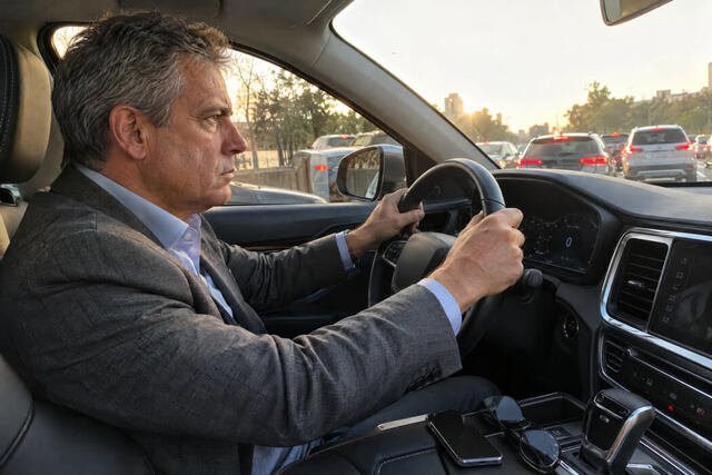 Homem sentado dentro do carro, estacionado em frente à casa dos pais, com expressão de irritação e desconforto depois de uma visita familiar. A cena representa a frustração de perceber que voltou a reagir de uma maneira que gostaria de ter superado. Imagem utilizada para ilustrar o artigo “Diante de quem te viu crescer, mudar fica mais difícil, você já notou isso?” escrito por Homero Mônaco Psicanalista especializado em neurociências e comportamento.