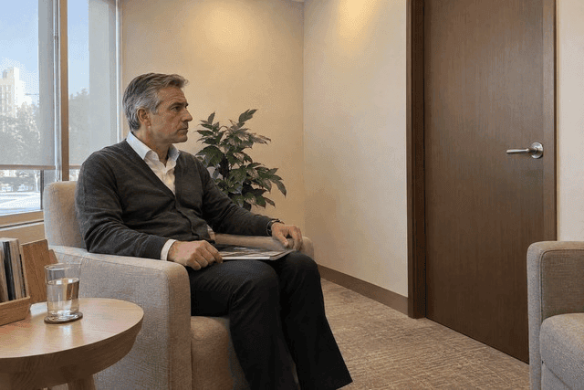 Homem sentado sozinho na sala de espera de uma clínica, com uma revista fechada sobre o joelho e o olhar direcionado à porta do consultório. Sua postura contida e expressão apreensiva sugerem expectativa antes de uma conversa profissional. O ambiente discreto transmite a ideia de busca por compreensão e ajuda diante de questões psicológicas. Imagem utilizada para ilustrar o artigo “O que são transtornos psicológicos? Quais são eles? Como tratá-los?” escrito por Homero Mônaco Psicanalista especializado em neurociências e comportamento.