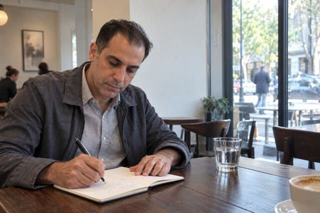 Homem escreve em um caderno em uma cafeteria, com uma xícara de café e um copo de água ao lado. Imagem utilizada para ilustrar artigo O seu instinto pode ser medo antigo respondendo por você? de Homero Mônaco Psicanalista especializado em neurociências e comportamento.