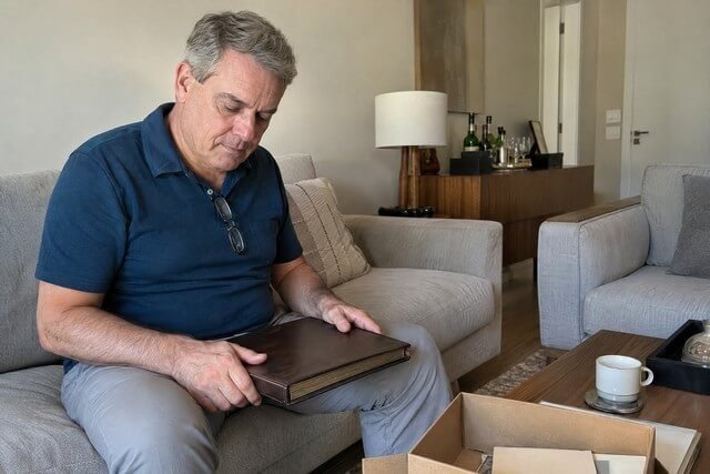 Homem sentado no sofá de casa com um álbum antigo fechado sobre o colo, olhando para a capa sem abri-lo. A postura contida e a expressão introspectiva sugerem hesitação diante de lembranças difíceis. O álbum permanece fechado, sem fotografias visíveis, enquanto o ambiente doméstico discreto reforça a ideia de uma memória que ainda é difícil de revisitar. Imagem utilizada para ilustrar o artigo “O tratamento psicanalítico pode apagar completamente as cicatrizes emocionais?” escrito por Homero Mônaco Psicanalista especializado em neurociências e comportamento.