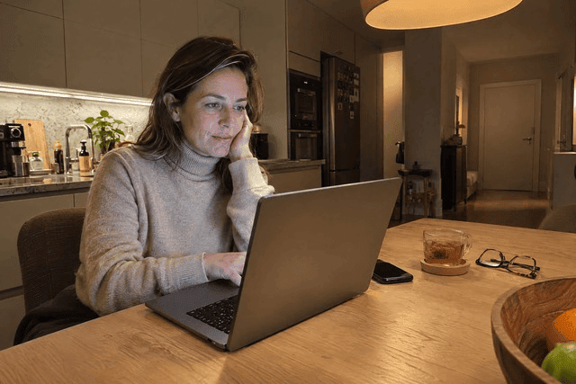 Mulher sentada à mesa da cozinha à noite, diante de um notebook aberto, olhando na direção da porta fechada de um quarto ao fundo. A iluminação da tela e a expressão concentrada compõem uma cena doméstica silenciosa, em que a tecnologia ocupa parte da rotina pessoal. A imagem sugere reflexão sobre a presença da inteligência artificial no cotidiano e seus possíveis efeitos sobre o comportamento e as relações humanas. Imagem utilizada para ilustrar o artigo “Os Impactos Causados pela Inteligência Artificial: Social, Comportamental, Psicológico e Cognitivo” escrito por Homero Mônaco Psicanalista especializado em neurociências e comportamento.