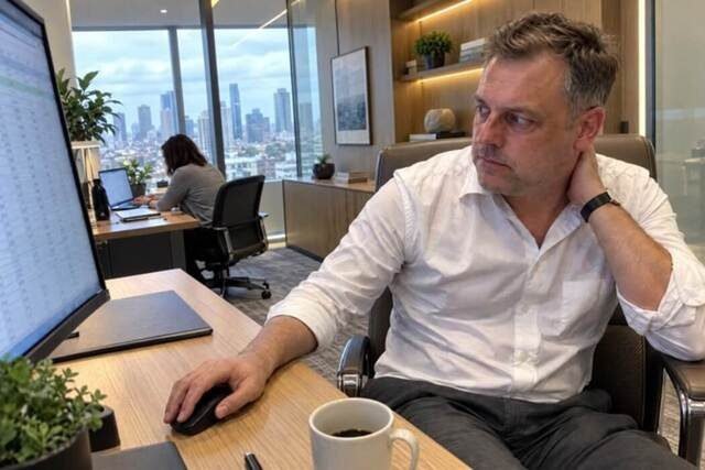 Homem em uma sala de trabalho, sentado diante do computador e a poucos passos da mesa de um colega que poderia ajudá-lo a resolver um problema. Apesar da proximidade, ele permanece concentrado na própria tela, sem pedir ajuda. Imagem utilizada para ilustrar o artigo “Pedir ajuda parece mais arriscado do que aguentar sozinho, e isso tem explicação” escrito por Homero Mônaco Psicanalista especializado em neurociências e comportamento.