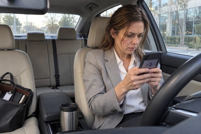 Mulher no carro, conferindo algo no celular antes de uma reunião. Imagem utilizada para ilustrar artigo Por que o seu perfeccionismo que você chama de exigência esconde outra coisa? de Homero Mônaco Psicanalista especializado em neurociências e comportamento.