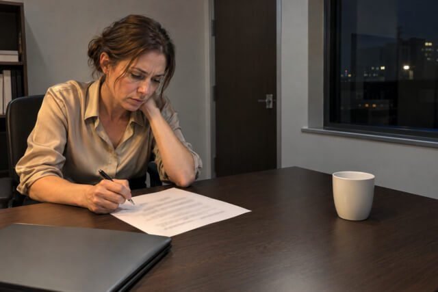 Mulher revisando uma folha impressa sozinha no escritório, à noite, com a mão apoiada na nuca. Imagem utilizada para ilustrar artigo Por que o seu perfeccionismo que você chama de exigência esconde outra coisa? de Homero Mônaco Psicanalista especializado em neurociências e comportamento.