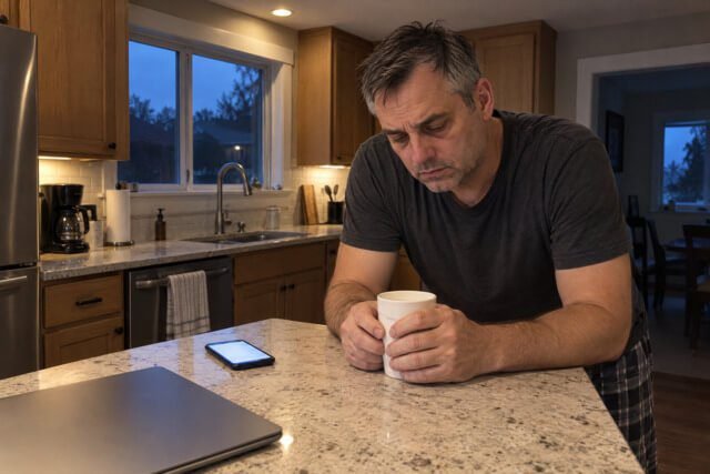 Homem na cozinha, segurando uma caneca diante da bancada, com um celular e um notebook próximos. Imagem utilizada para ilustrar artigo Por que você fica doente quando finalmente diminui o ritmo? de Homero Mônaco Psicanalista especializado em neurociências e comportamento.