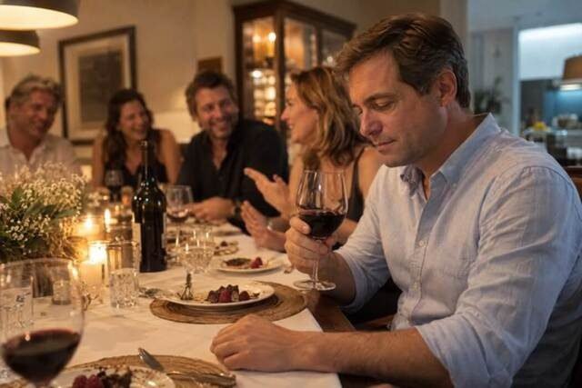 Homem de cerca de 45 anos sentado à mesa de um jantar de aniversário com amigos e a esposa. Enquanto os convidados riem de uma história, ele segura uma taça e olha para ela, com expressão distante, como se estivesse presente fisicamente, mas emocionalmente afastado. Imagem utilizada para ilustrar o artigo “Por que você não consegue se abrir mesmo com quem ama?” escrito por Homero Mônaco Psicanalista especializado em neurociências e comportamento.