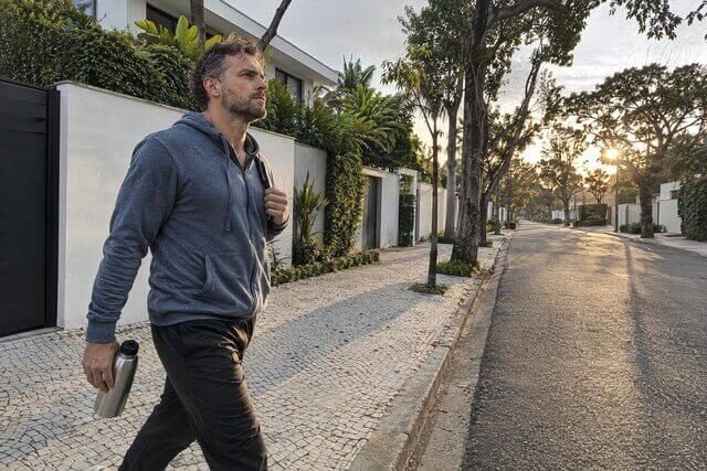 Homem caminhando sozinho por uma rua residencial tranquila ao amanhecer, segurando uma garrafa de água e olhando para a frente com expressão determinada. Vestido com roupas casuais, segue em ritmo constante enquanto a luz suave da manhã ilumina o caminho. A cena sugere continuidade, esforço pessoal e a construção gradual de novos hábitos durante um processo de recuperação. Imagem utilizada para ilustrar o artigo “Revelando as Forças Ocultas na Recuperação da Dependência” escrito por Homero Mônaco Psicanalista especializado em neurociências e comportamento.