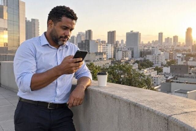 Profissional lê uma mensagem de elogio no celular e mantém uma expressão de dúvida, como se não conseguisse acreditar plenamente no reconhecimento recebido. A imagem representa a dificuldade de reconhecer as próprias competências apesar da validação externa. Imagem utilizada para ilustrar o artigo “Sentir-se uma fraude mesmo com tantas conquistas tem explicação real” escrito por Homero Mônaco Psicanalista especializado em neurociências e comportamento.