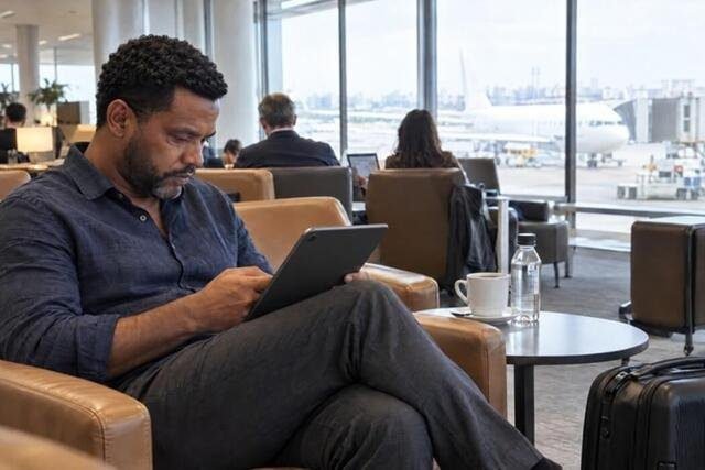Pessoa em um aeroporto observa outras pessoas e compara silenciosamente sua trajetória com a dos demais. A cena representa a insegurança e a sensação de inadequação que podem persistir mesmo diante de conquistas concretas. Imagem utilizada para ilustrar o artigo “Sentir-se uma fraude mesmo com tantas conquistas tem explicação real” escrito por Homero Mônaco Psicanalista especializado em neurociências e comportamento.