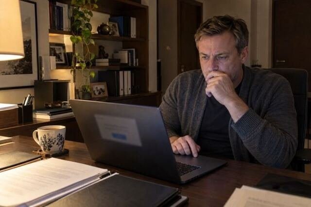 Homem sentado diante do notebook à noite, prestes a enviar um documento importante, com expressão concentrada e tensa. A cena representa o momento de agir apesar do desconforto e sustentar as consequências de um novo patamar profissional. Imagem utilizada para ilustrar o artigo “Seu medo de dar certo pode ser mais forte que medo de falhar” escrito por Homero Mônaco Psicanalista especializado em neurociências e comportamento.