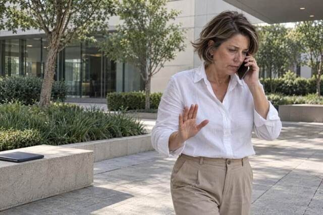 Mulher em um pátio empresarial falando ao telefone e fazendo um gesto firme de recusa. A cena representa uma decisão tomada sem buscar aprovação ou prolongar a negociação. Imagem utilizada para ilustrar o artigo “Talvez a sua maior conquista tenha virado a sua maior prisão” escrito por Homero Mônaco Psicanalista especializado em neurociências e comportamento.