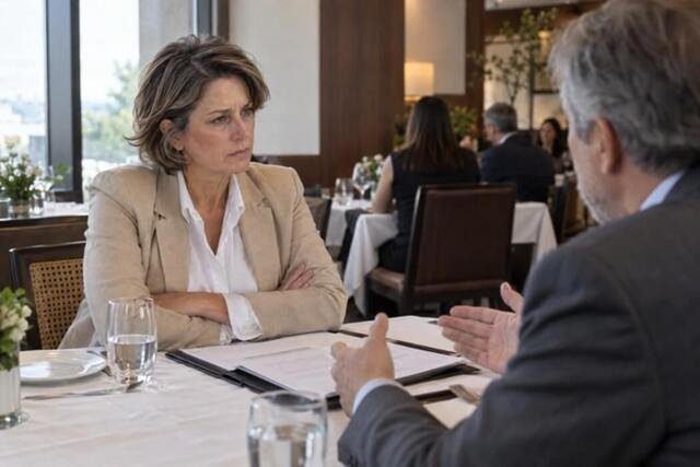 Mulher conversa com seu advogado de confiança em uma mesa de restaurante, enquanto ele apresenta argumentos e documentos. Ela mantém uma expressão firme, representando o conflito entre a análise racional de uma decisão e uma resposta emocional já estabelecida. Imagem utilizada para ilustrar o artigo “Talvez a sua maior conquista tenha virado a sua maior prisão” escrito por Homero Mônaco Psicanalista especializado em neurociências e comportamento.