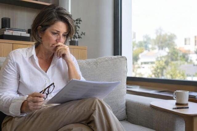 Mulher sentada em um sofá de escritório, analisando uma proposta impressa com expressão de orgulho misturado a apreensão. A cena representa o instante em que uma oportunidade de mudança também desperta o receio de abandonar uma posição consolidada. Imagem utilizada para ilustrar o artigo “Talvez a sua maior conquista tenha virado a sua maior prisão” escrito por Homero Mônaco Psicanalista especializado em neurociências e comportamento.