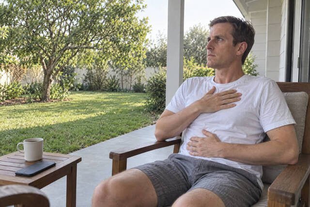 Pessoa em casa tentando controlar a respiração, com o corpo rígido e a atenção voltada para o próprio movimento respiratório. A imagem representa a tensão que pode permanecer mesmo durante uma tentativa consciente de relaxamento. Imagem utilizada para ilustrar o artigo “Talvez você não respire profundamente porque soltar o ar significa soltar o controle” escrito por Homero Mônaco Psicanalista especializado em neurociências e comportamento.