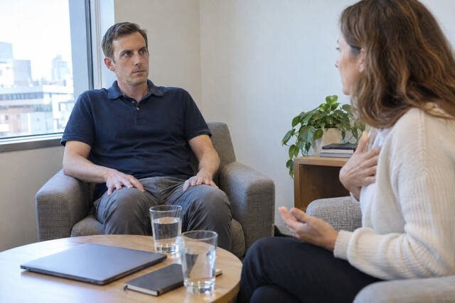 Homem sentado em uma poltrona durante uma reunião, tentando respirar profundamente, mas mantendo o peito e os ombros tensos. A cena representa a dificuldade de relaxar quando a necessidade de controle permanece presente. Imagem utilizada para ilustrar o artigo “Talvez você não respire profundamente porque soltar o ar significa soltar o controle” escrito por Homero Mônaco Psicanalista especializado em neurociências e comportamento.